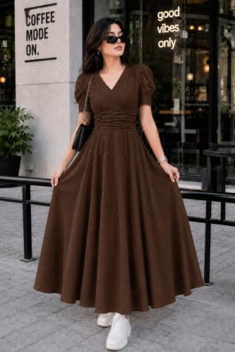 Image of Preneum Girl's & Women's Solid Color V-Neck A-Line Maxi Dress for Women | New Year Party Outfit | Waist Cinched Puff Sleeve Western | Elegant Casual Wear (Availble in Plus Size)