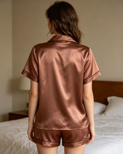 Image of 3 Piece Silk Satin Pajama Set for Women Soft Short Sleeve Button Down Pjs with Shorts Long Pants Sleepwear S-XXXL