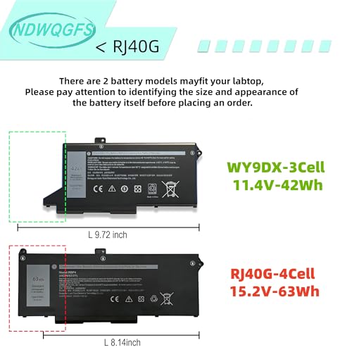 Image of RJ40G 63Wh Laptop Battery Replacement for Dell Latitude 15 5520 Latitude 14 5420 Precision 15 3560 for WY9DX P137G P104F 1K2CF 075X16 0WK3F1 P104F001 P104F002 075X16 1K2CF 0M3KCN 005R42 M033W