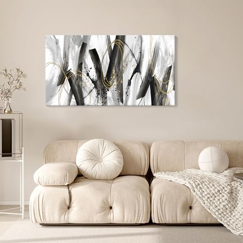 Image of AJAZIKO Black and Gold Modern Wall Art - Large Abstract Wall Art Decor for Living Room, Bedroom, Office - Elegant Black and White Painting for Stylish Home Decor