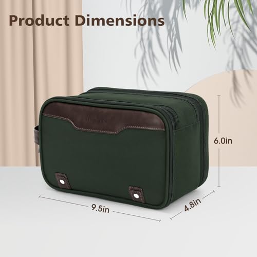 Image of Wedama Toiletry Bag for Men, Medium Hanging Travel Toiletry Bag, Extra Electronic Organizer Bag Waterproof Shaving Bag for Toiletry with PU Handle for Travel Business Trips Swim Camping, Green+ Brown