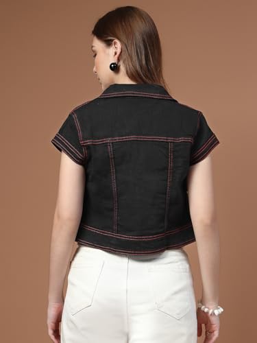 Image of Style Quotient Women Navy Blue Denim Open Front Regular Shrug