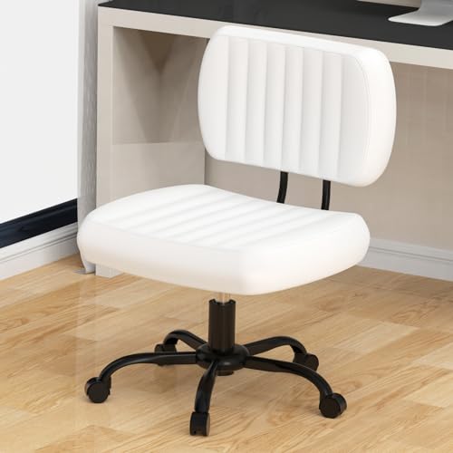 bigzzia Small Armless Office Chair with Rolling Wheels,Swivel Comfortable PU Leather Computer Chair with Low Back,Makeup Task Vanity Chair for Teenagers,Students,Study Room,Home,Bedroom,White,(K100)