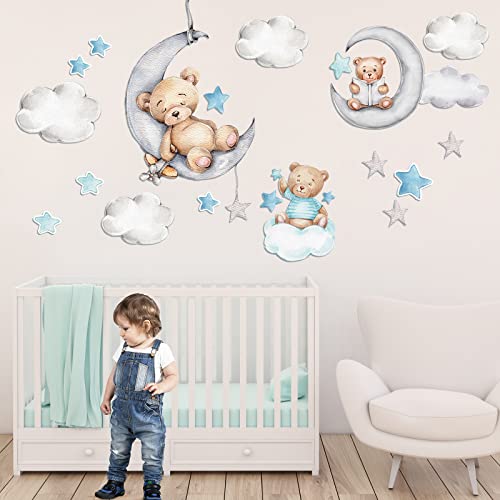 Yinder 12 Sheet 78 Pcs Bear Highland Cow Wall Decals Cute Highland Cow Sticker Nursery Baby Wall Decor for Kids Girls Boys Baby Room Bedroom(Blue Bear)