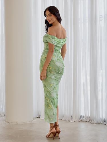 Image of Floerns Women's Floral Print Off Shoulder Short Sleeve Ruched Bodycon Long Dress