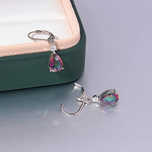 Cinily Womens Leverback Dangle Drop Earrings For Girls 14K White Gold Plated Hypoallergenic Mystic Rainbow Topaz Earrings #TOP3