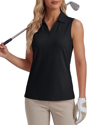 MAGCOMSEN Womens Polo Shirts Golf UPF 50+ Casual Sleeveless Tops Lightweight Sports Running Tennis Shirt Summer Fit V Neck Tank Top Black,L