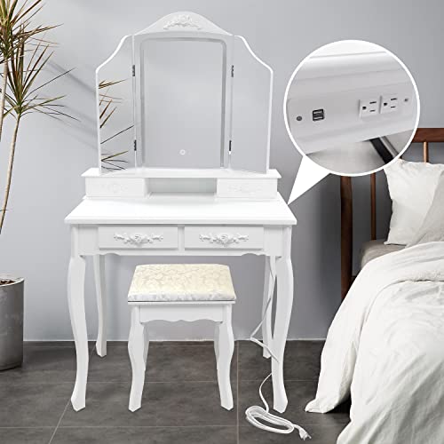Jifuli Modern Vanity Table Set With Lighted Mirror & Power Outlet, Makeup Table With 4 Drawer, Embedded Lights Dressing Vanity Table With Cushioned Stool For Bedroom, White #TOP1
