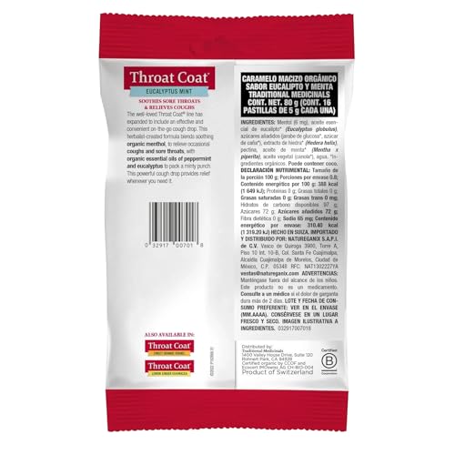 Image of Traditional Medicinals Organic, Throat Coat Lozenges, Eucalyptus Mint with Menthol - Herbal Cough Drops, Helps Soothe Sore Throat & Relieve Cough - Non-GMO, Stimulant-Free - 16 Count (Pack of 12)
