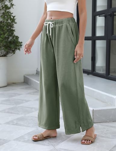 Springrain Womens Wide Leg Pants Casual Cotton Drawstring Waisted Palazzo Pants with Pockets(Green-M)3