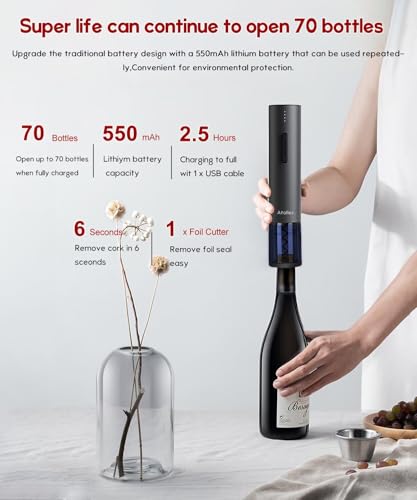 Ataller Rechargeable Electric Wine Bottle Openers, Cordless Automatic Wine Corkscrews Opener with Foil Cutter and USB Charging Cable, Black - Image 4