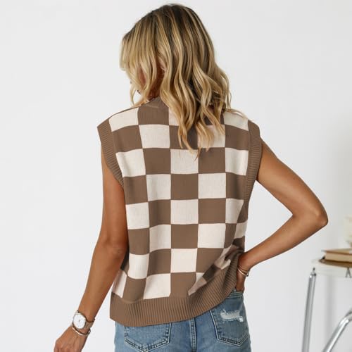 Women Checkerboard Vest Sweater Knitted Sleeveless Pullover Retro Casual Loose Fit Knitwear Stylish Layering Outfit Trendy Fashion Vest Top for Everyday Office Streetwear Camel-L2