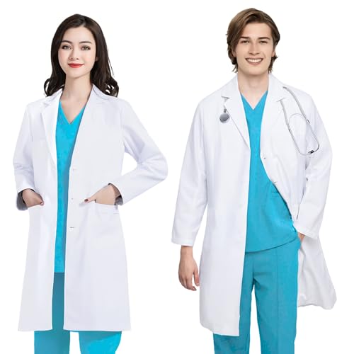 FAHAKO Bata Blanca Laboratorio Bata Medico Mujer Hombre Algodon Bata de Laboratorio Bata Blanca Manga Larga Bata Laboratorio Disfraz Enfermera Bata Farmacia Bata Sanitarios con Bolsillos Punos, XL