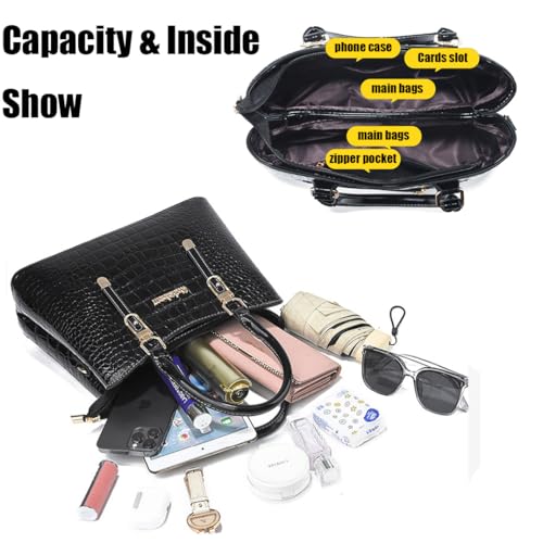 Medium Crocodile Pattern Tote Bags with Double Top Handle Shoulder Strap,Multi Pockets Crossbody Purses with Wallet Sets4