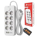 Reagle Ciabatta Multipresa Elettrica Bianca 8 Prese 230V, 6x USB, 2500W Cavo 3M Interruttore Save Energy Protezione Sovraccarico Casa Ufficio Nero