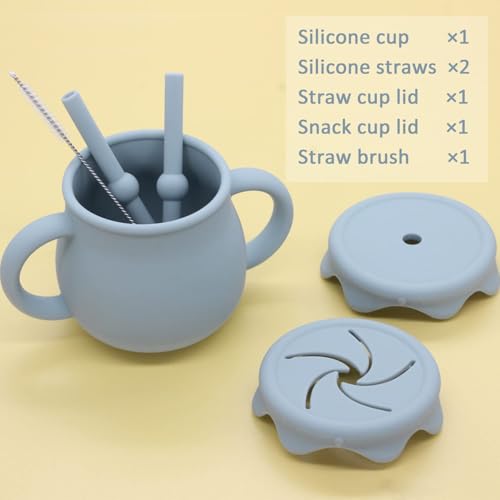 Image of Moonkie 2-in-1 Silicone Baby Cups with Straw and Lid for Snacks, 8.5 oz Spill-Proof Sippy Cups, Training Cup for Toddlers Ages (Blue)