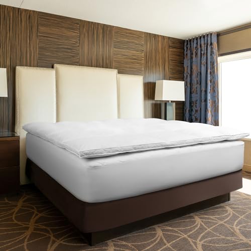 MGM Grand Hotel Featherbed Mattress Topper - Thick Mattress Pad Cover - 100% Cotton Cover & Duck Feather Fill - 2"" Thick Gusset - King, White