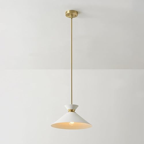 Miniatura 5 de GLOBE Lámpara colgante eléctrica de 1 luz, acabado de latón mate, pantalla de metal cónica blanca con detalle de anillo, varillas ajustables,