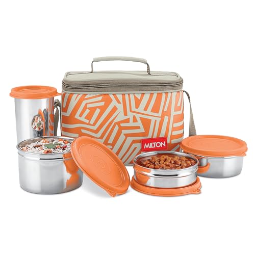 Image of MILTON Delicious Lunch Box with Insulated Fabric Jacket, 3 Stainless Steel Containers 210 ml, 340 ml, 500 ml &Tumbler 380 ml, Leak-Proof Tiffin for Office, College, Picnic, Orange