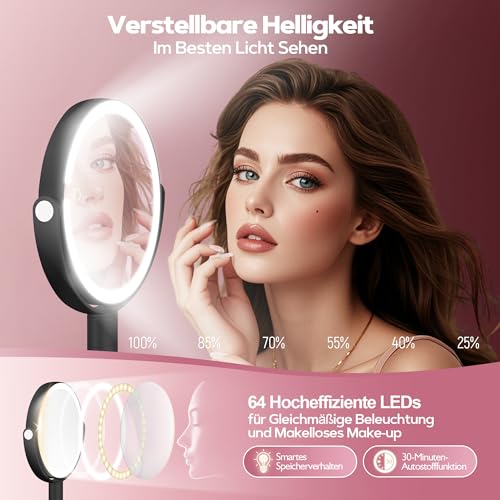MOMOKUBA Kosmetikspiegel mit Beleuchtung, Vergrößerungsspiegel mit Licht 30fach, Kosmetikspiegel mit Vergrößerung 7", Doppelseitig 3 Farben 64 Led, Schminkspiegel mit Beleuchtung 360° Drehbar, Schwarz 4