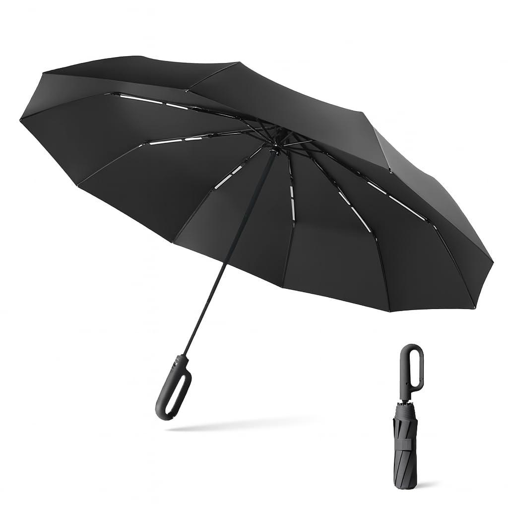 Windproof Compact Umbrella – Automatic Open Close Folding Umbrella for Travel, Lightweight & Small, Black with Hook Handle & Case-image-46