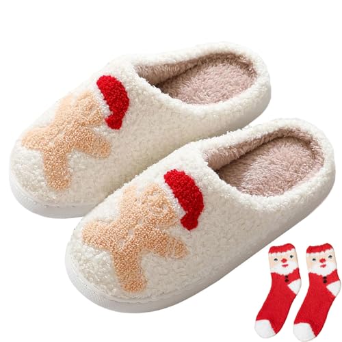 Christmas Slippers for Women Men, Retro Soft Plush Warm Cushioned Lightweight Non-Slip House Slippers Cute Cartoon Santa Reindeer Slippers Slip-On Cozy Indoor Outdoor Slippers