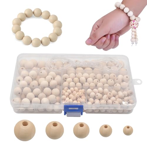 TVETE ウッドビーズ 木製ビーズ 穴大きめ 弾性糸入り【300個セット】丸型 多機能ラウンドビーズ 色染め可能 DIY 手芸用品 丸型 6mm/8mm/10mm/12mm/14mm - TVETE - 商品画像