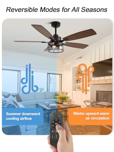 Image of Farmhouse Ceiling Fan with Lights (Black Caged, 52 Inch) | Caged Fandelier Ceiling Fan Large Chandelier, Reversible Quiet DC Motor 6 Speeds for Living Room Bedroom