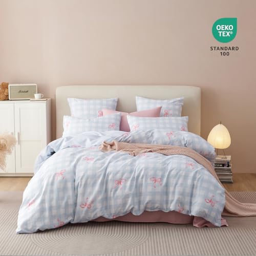 Image of Girls Duvet Cover Set Full Size Pink Bowknot and Blue Gingham Printed Design,Cozy Bedding Set 3pcs Simple and Elegant Style,Microfiber Comforter Cover with Zipper Closure and 2 Pillowcases