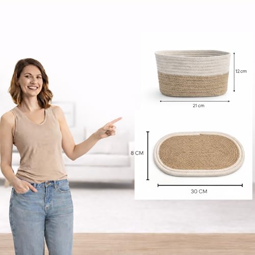 Image of Remote Stand for Table | Cotton Rope Storage Basket for Makeup Organisers, Coffee Table Organiser & Remote Holder for Living Room | Eco-Friendly Dual-Tone Organizer with Mat (Off-White & Beige)