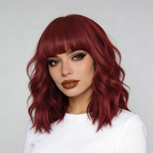 COOINEADER Wine Red Wigs for Women Short Bob Wavy Wig with Bangs (14 Inch)