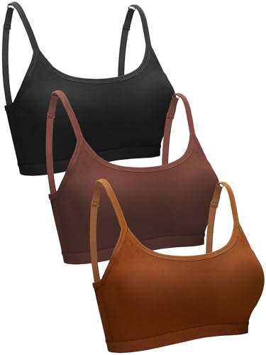 Blulu 3/6 Pieces Mini Camisole Bra Wireless Padded Bra Sport Cami Bralette with Adjustable Straps for Women Girls, Black, Dark Brown, Caramel, L