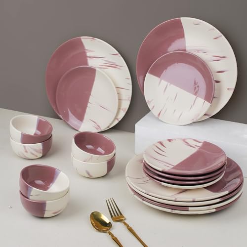 Image of The Earth Store DT Magenta Italian Ceramic Dinner Set of 18 Pieces Serving for 6, Microwave and Dishwasher Safe Plates & Bowls for Dining, Bone-Ash Free Crockery Set for Dining and Gifting