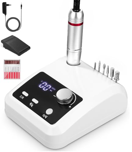 Torno para Uñas, 6 en 1 Torno para Uñas Profesional, 45,000 rpm Torno Uñas, Lima Electrica Uñas con pedal, Drill para Uñas Profesional, Torno Uñas Profesional (Blanco)