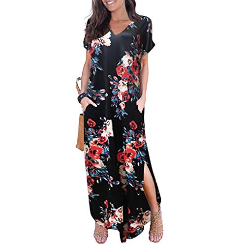 Sunnywill Women Dress, Women's Casual Sleeve V-Neck Print Maxi Tank Long Dress Womens Popular British Style Midi Dress Wedding Dress Black
