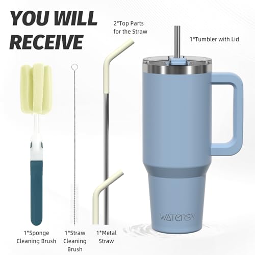 Image of 40 oz Tumbler with Handle,Tumbler with Lid and Straw,Double Wall Insulated Cup Stainless Steel Travel Mug(Cold for 34 Hours),Water Bottle for Iced Tea,Coffee,Cold Beverages(Smog Blue)