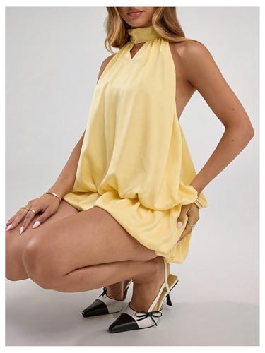 Verdusa Women's Cut Out Tie Backless Halter Dresses Ruffle Mini Bubble Dress4