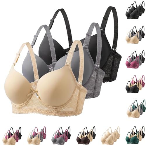 3er Pack BHS Damen BH ohne Bügel Spitze Nahtlos Bequem Leicht Gepolstert T-Shirt Bralette Elegant V-Ausschnitt Verstellbare Träger Rückenverschluss für Tägliches Tragen Freizeit