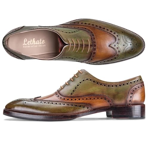 Lethato Wingtip Brogue Oxford Handcrafted Men's Genuine Leather Lace up Dress Shoes- Green