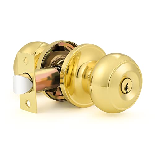 Probrico Entrance Door Knobs Door Lock Keyed Alike Lockset Polished Brass Same Key Round Ball Entry Door Knobs Pack of 4