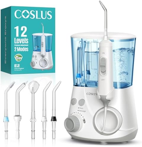 COSLUS Professional Desktop Dental Irrigator: 2 Modes and 12 Adjustable Pressure – 600 ml Oral Irrigator for Adults Orthodontics/Sensitive Gums – Home Use Bathroom with 5 Nozzles – White