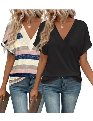 2PCS T Shirts Short Sleeve V Neck Tees Womens Fashion Tops Trendy Soft 2025 Casual Summer Spring Outfits Clothes