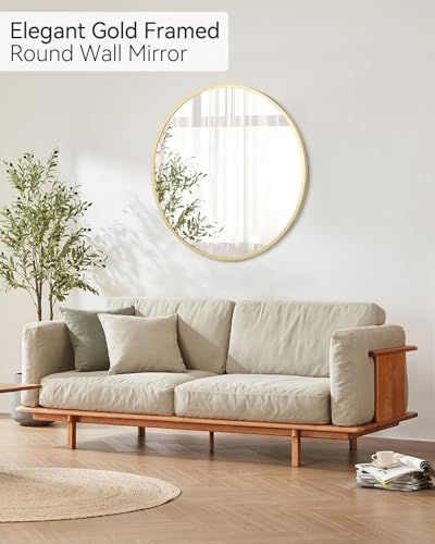 Round Mirror, 36 Inch Gold Bathroom Mirror for Over Sink, Mirrors with Metal Frame, Large Stylish Round Mirrors, Wall Mirror for Bathroom, Entryway, Vanity, Bedroom