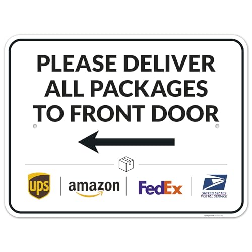 Image of Package Delivery Sign, Delivery Instructions Deliver All Package to Front Door Left Arrow Sign, 18x24 Inches, Rust Free .063 Aluminum, Fade Resistant, Made in USA by Sigo Signs