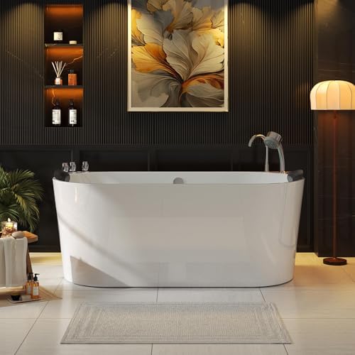Empava 71 in. Acrylic Freestanding Tub Hydromassage Gracefully Oval Shaped Whirlpool 8 Water Jets Soaking SPA, Double-Ended Massage Bathtub with Two Black Pillow