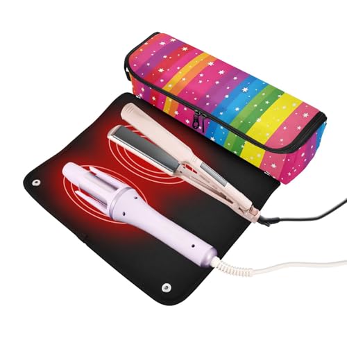 Organizador de herramientas para peinado de cabello, con diseño de rayas arcoíris y estrellas, portátil con tapete resistente al calor para plancha, rizador y otras herramientas de peinado miniatura 2