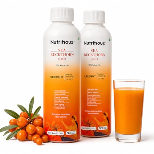 Nutritiouz Himalayan Sea buckthorn Elixir – 300 ml | Cold-Pressed Sea Buckthorn Pulp | Rich in Natural Vitamin C, Omegas 3, 6, 7 & 9 | Antioxidant-Rich Herbal Juice for Immunity, Heart Wellness, Skin Radiance & Digestive Health | | Combo of 2