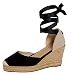 Lora Dora Damen Espadrilles Keilsandalen Damen Riemchen Sackleinen Wedges Sommerschuhe Knöchelbinden Beinriemen, Schwarz , 37 EU