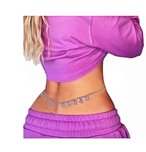 Women Sexy Rhinestone Waist Body Chain Crytal Sexy Girl Letter Pendant Belly Waist Chain T-String Thong Body Jewelry (Hello Queen Letter) Women Sexy Rhinestone Waist Body Chain Crytal Sexy Girl Letter Pendant Belly Waist Chain T-String Thong Body Jewelry (Hello Queen Letter)