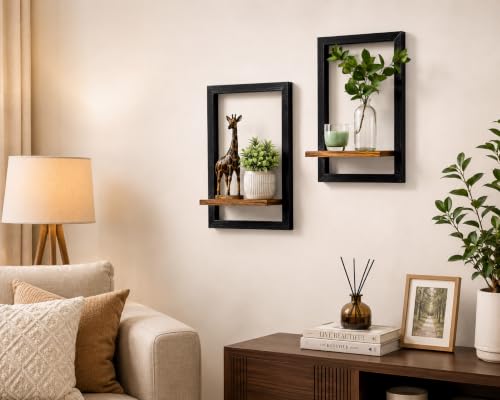 Image of Wooden Wall Shelves for Living Room & Bedroom Wall Decor - Set of 2 Floating Wall Mounted Shelf, 15x10 Inch Black Frame with Wood Shelf, Wall Shelves for Home Decor